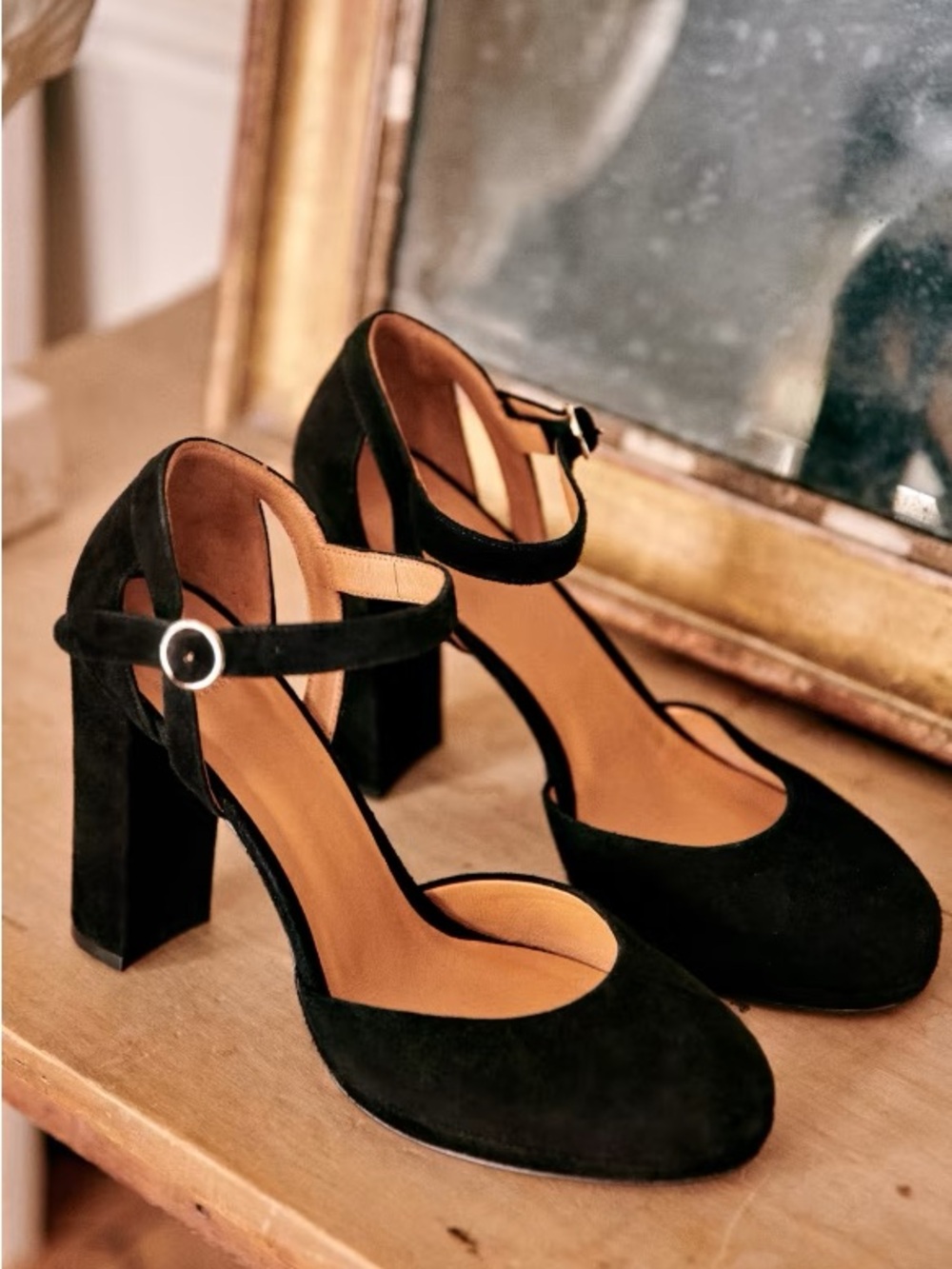 Sezane Black Suede Mary Jane Block Heels